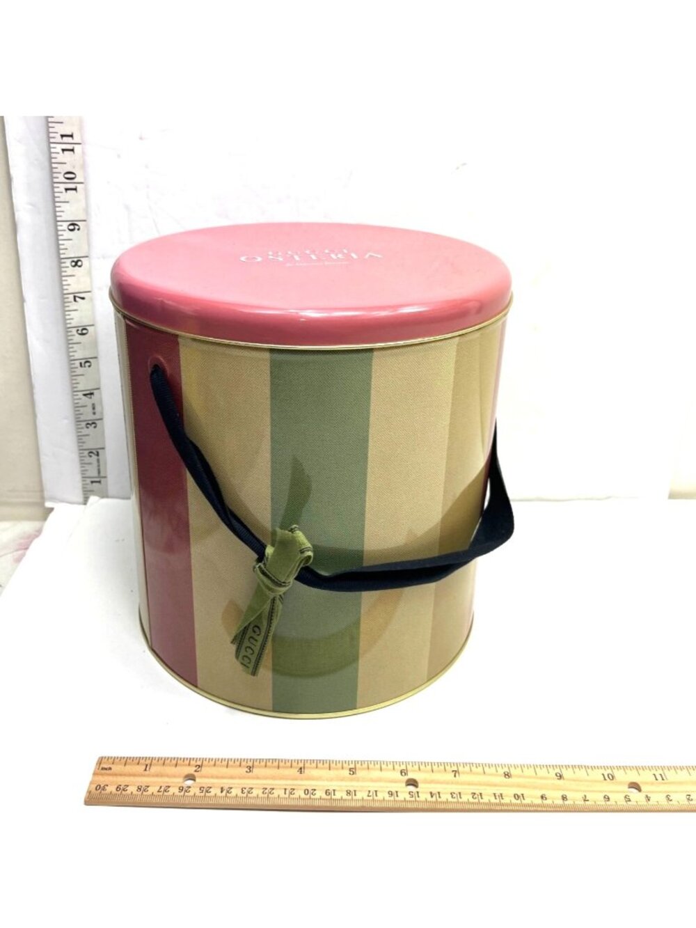 Gucci Osteria Striped Tin Container With Pink Lid & Handle 10" Tall Collectible
